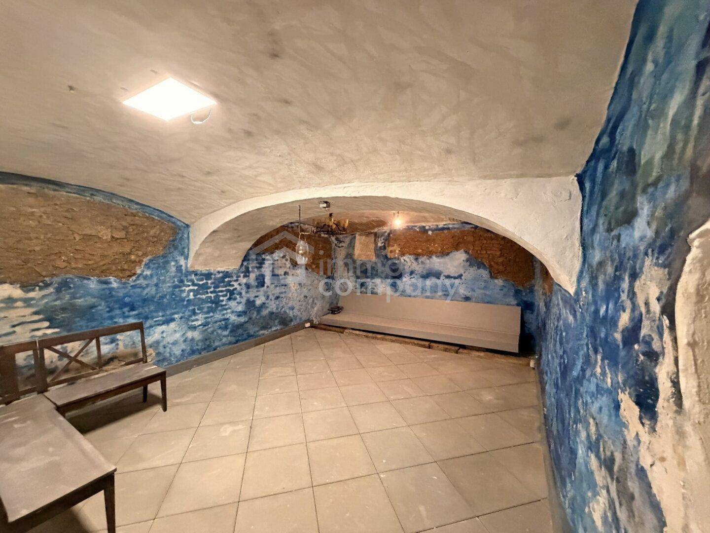 Gewölbekeller mit rustikalen Ziegelwänden, blauer Farbe und Fliesenboden, ideal als Lagerraum.