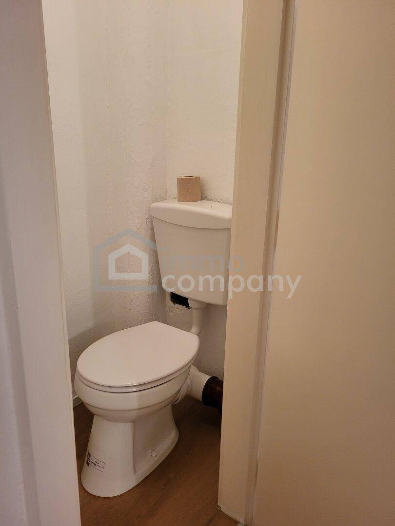 Kleines separates WC mit einfacher Toilette und Laminatboden.