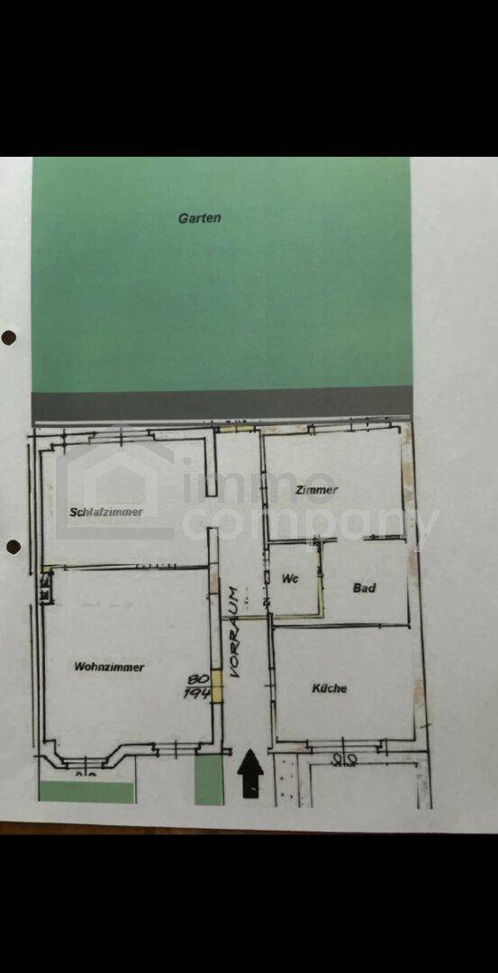 Grundrissplan zeigt die Raumaufteilung mit Wohnzimmer, Schlafzimmer und Küche.