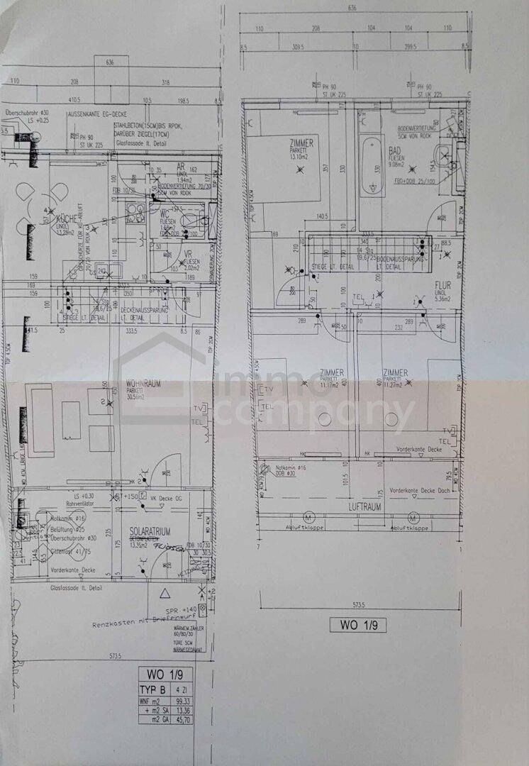 Detaillierter Grundriss mit Raumaufteilung und Abmessungen der Wohneinheiten.