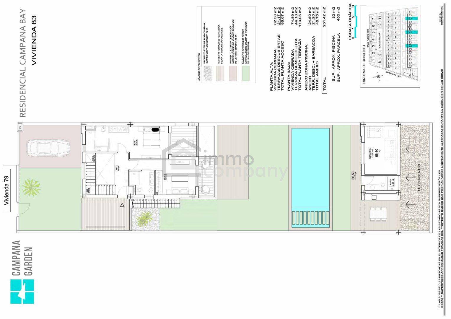 Detaillierter Grundriss der Wohneinheit 83 mit Erdgeschoss, Pool und Gartenbereich.