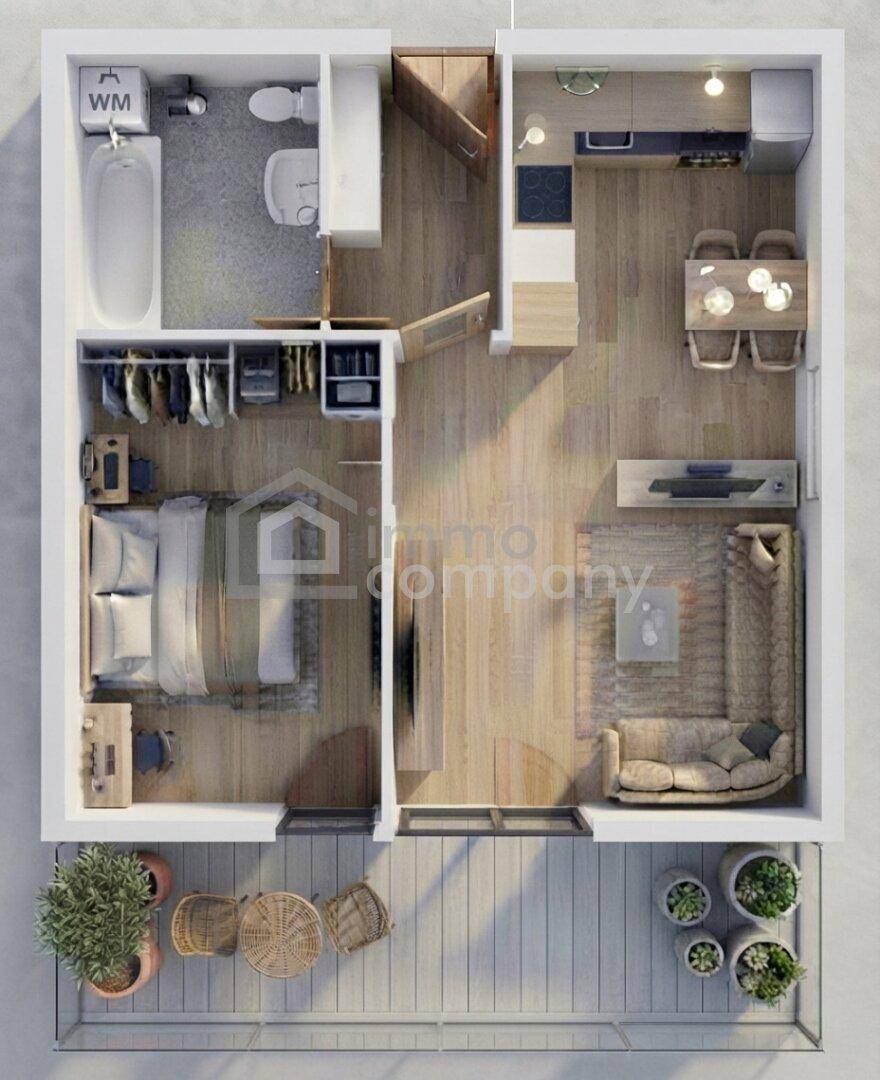 Detaillierter Grundriss einer Wohnung mit offenem Wohnbereich, Schlafzimmer, Küche und Balkon.