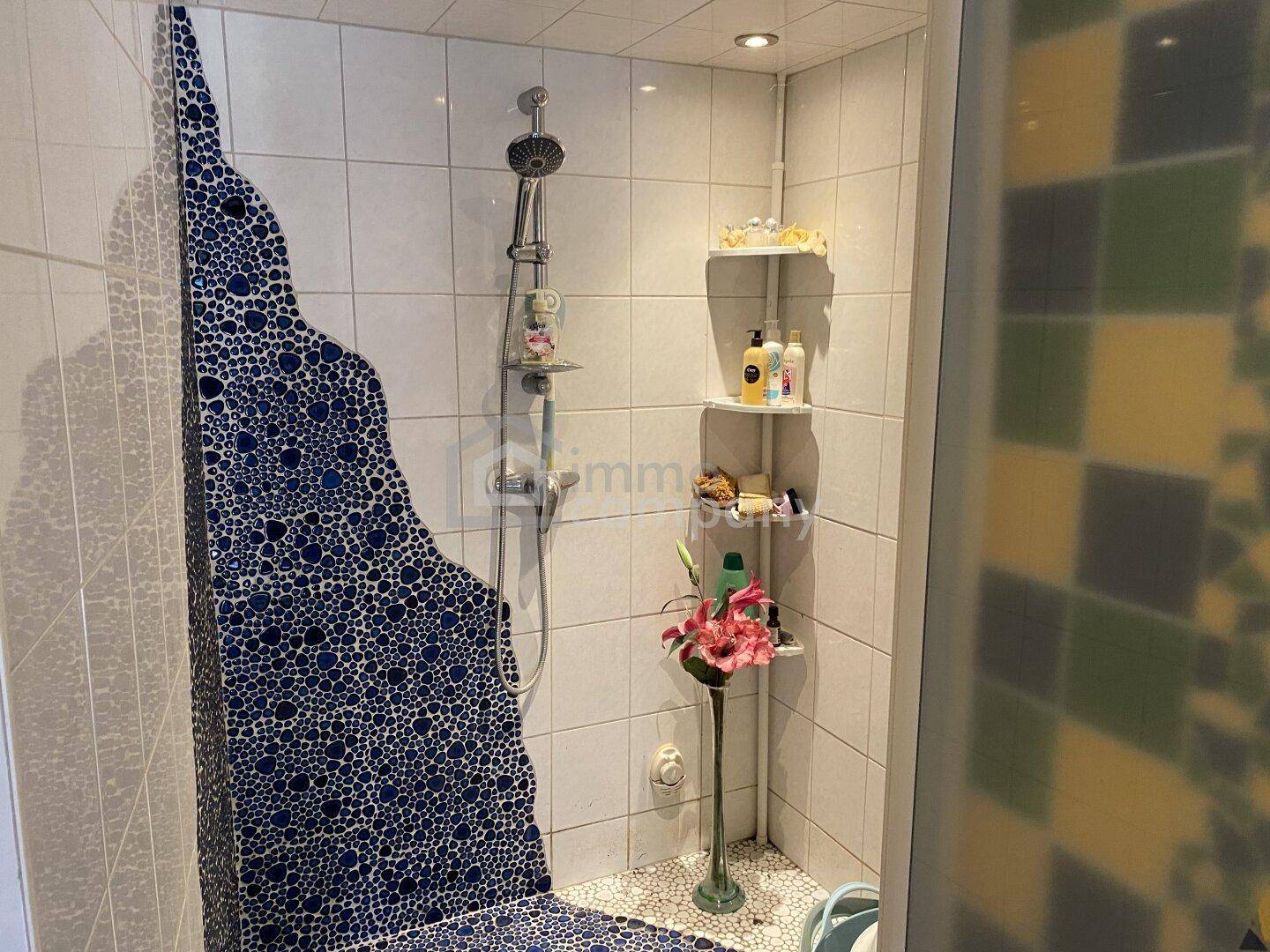 Duschbereich mit blauen Mosaikfliesen und weißer Wandverkleidung, ausgestattet mit Duschkopf.