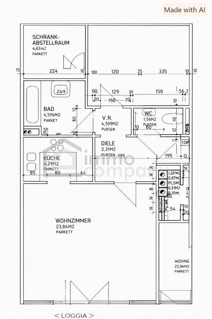 Detaillierter Grundriss einer Wohnung mit separater Küche, Bad und Wohnzimmer.