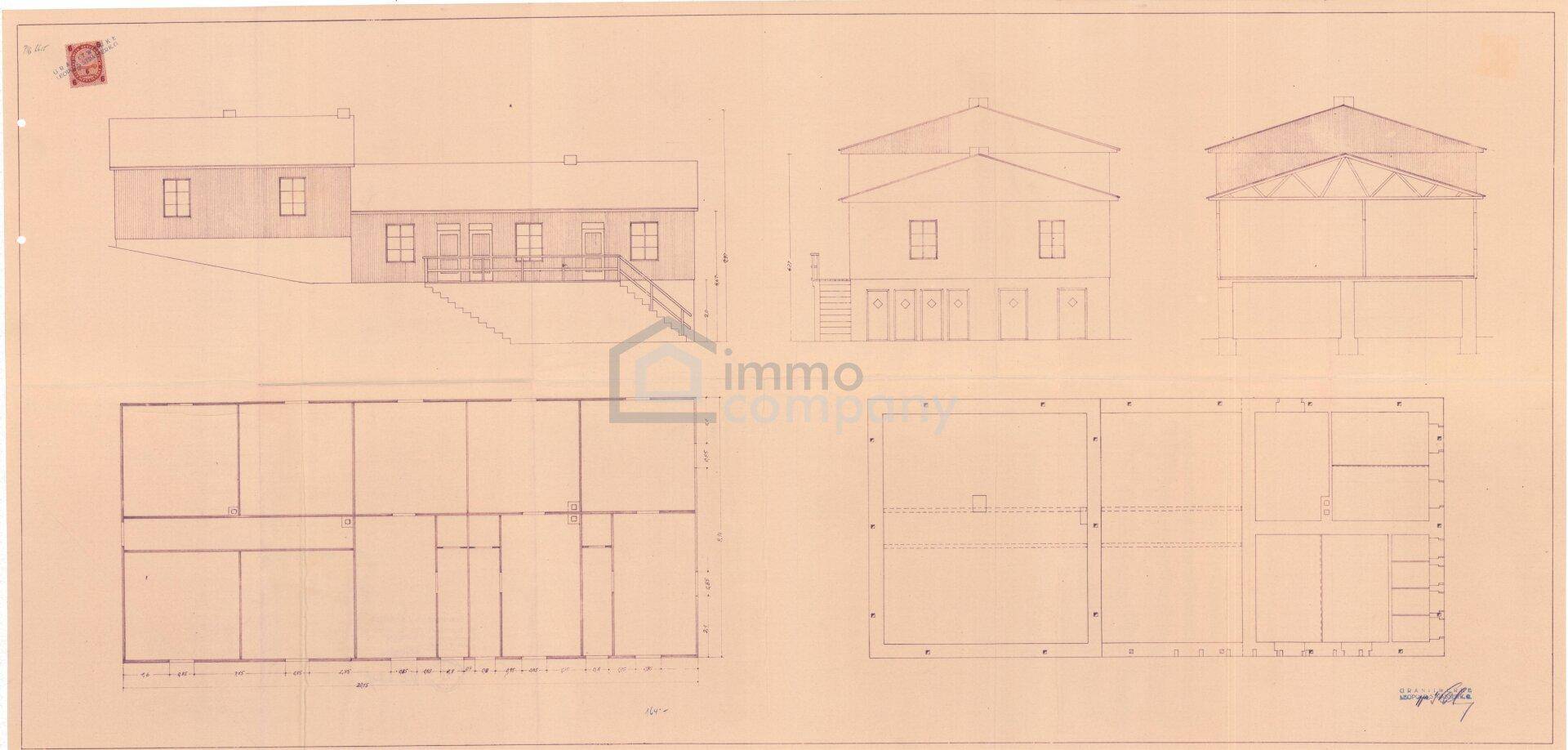 Architektonische Zeichnung mit Ansichten und Grundrissen eines Gebäudes über mehrere Ebenen.