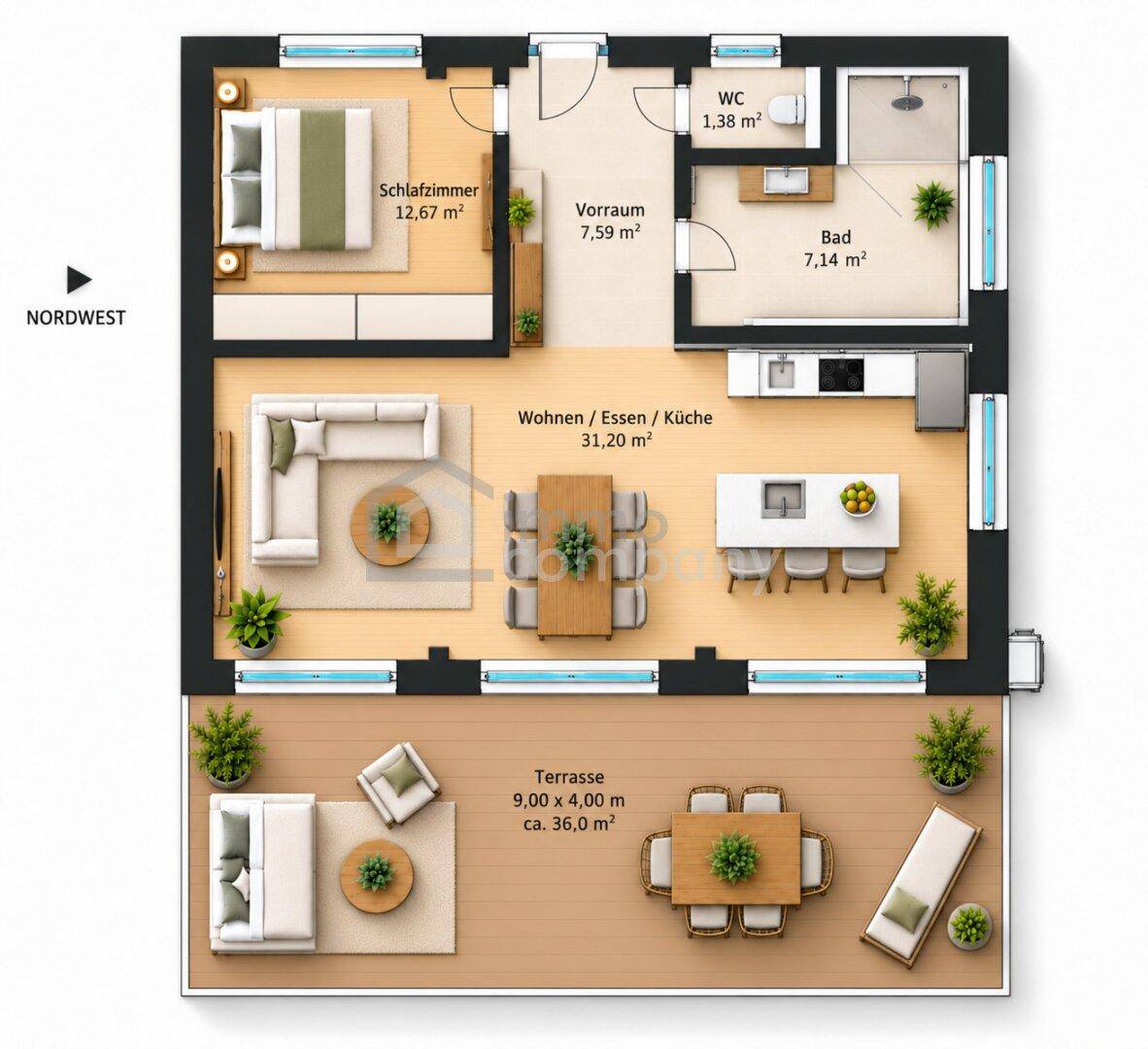 Detaillierter Grundriss mit Schlafzimmer, Bad, WC, Wohn-Essbereich und Terrasse.