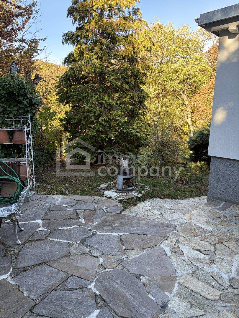 Geräumige Steinterrasse mit Feuerstelle und Blick auf den bewaldeten Gartenbereich.