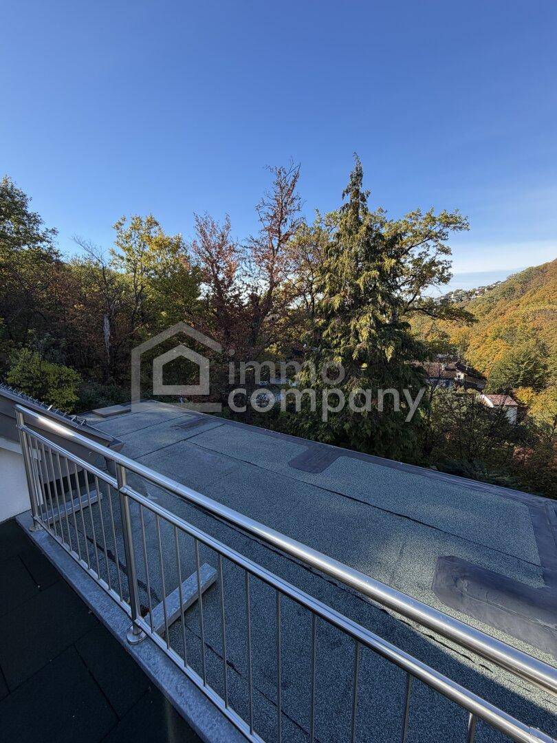Balkon mit Metallgeländer und weitem Blick über die Dächer und die bewaldete Landschaft.