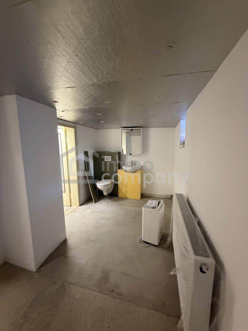 Keller-WC mit Waschbecken, Toilette und Heizkörper, bereit für die Fertigstellung.