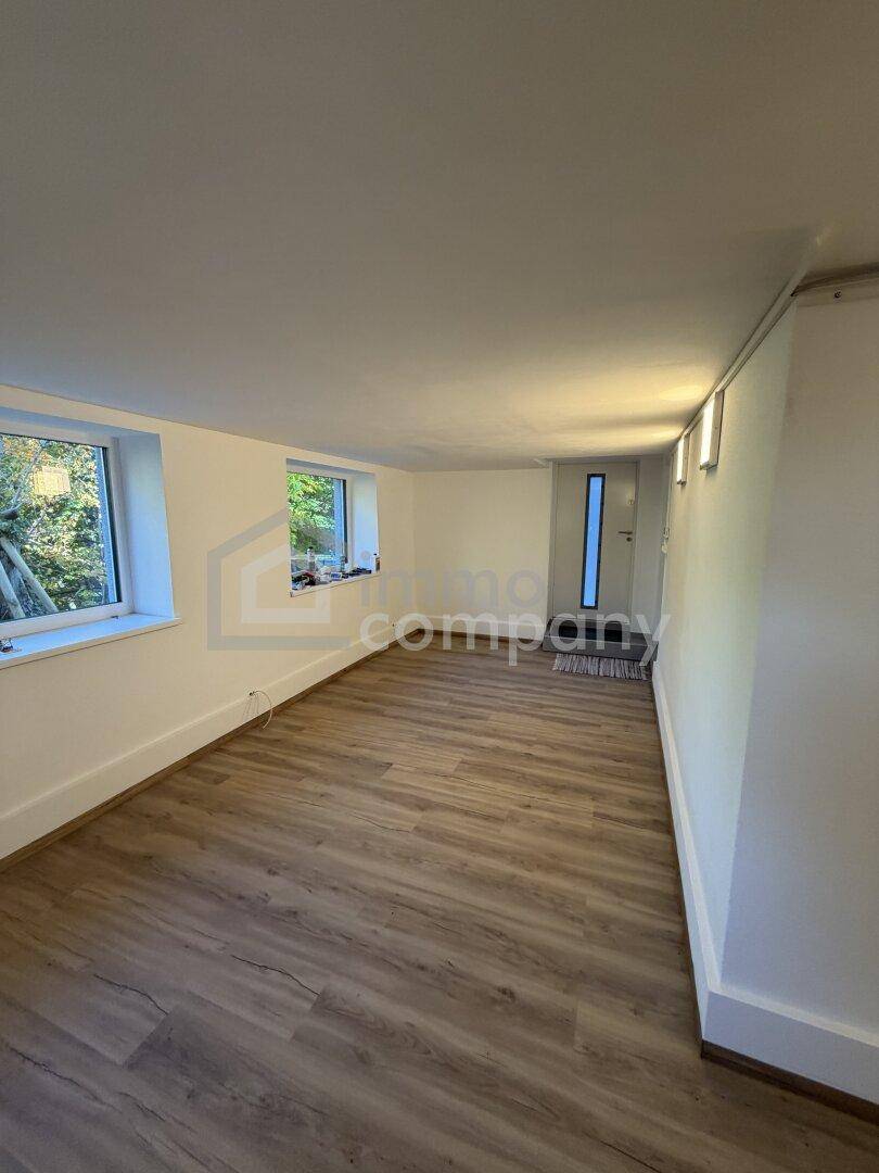 Geräumiger, renovierter Kellerraum mit Laminatboden, Fenstern und Eingangstür.