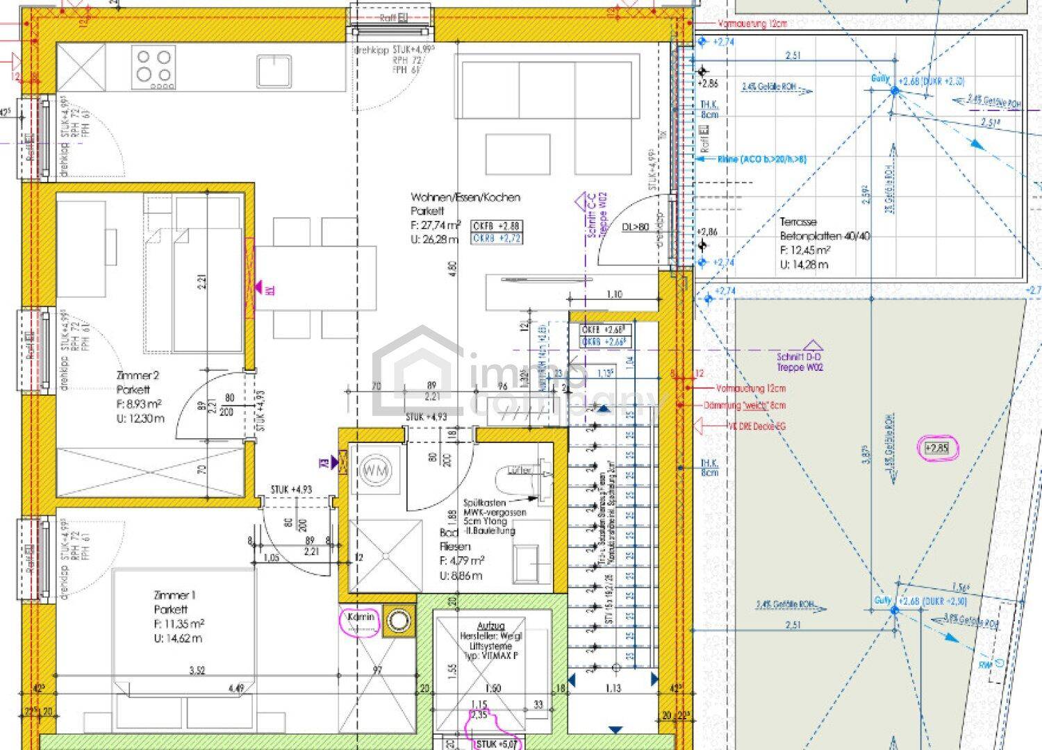 Detaillierter Grundriss einer Wohnung mit offenem Wohn-/Essbereich und zwei Schlafzimmern.
