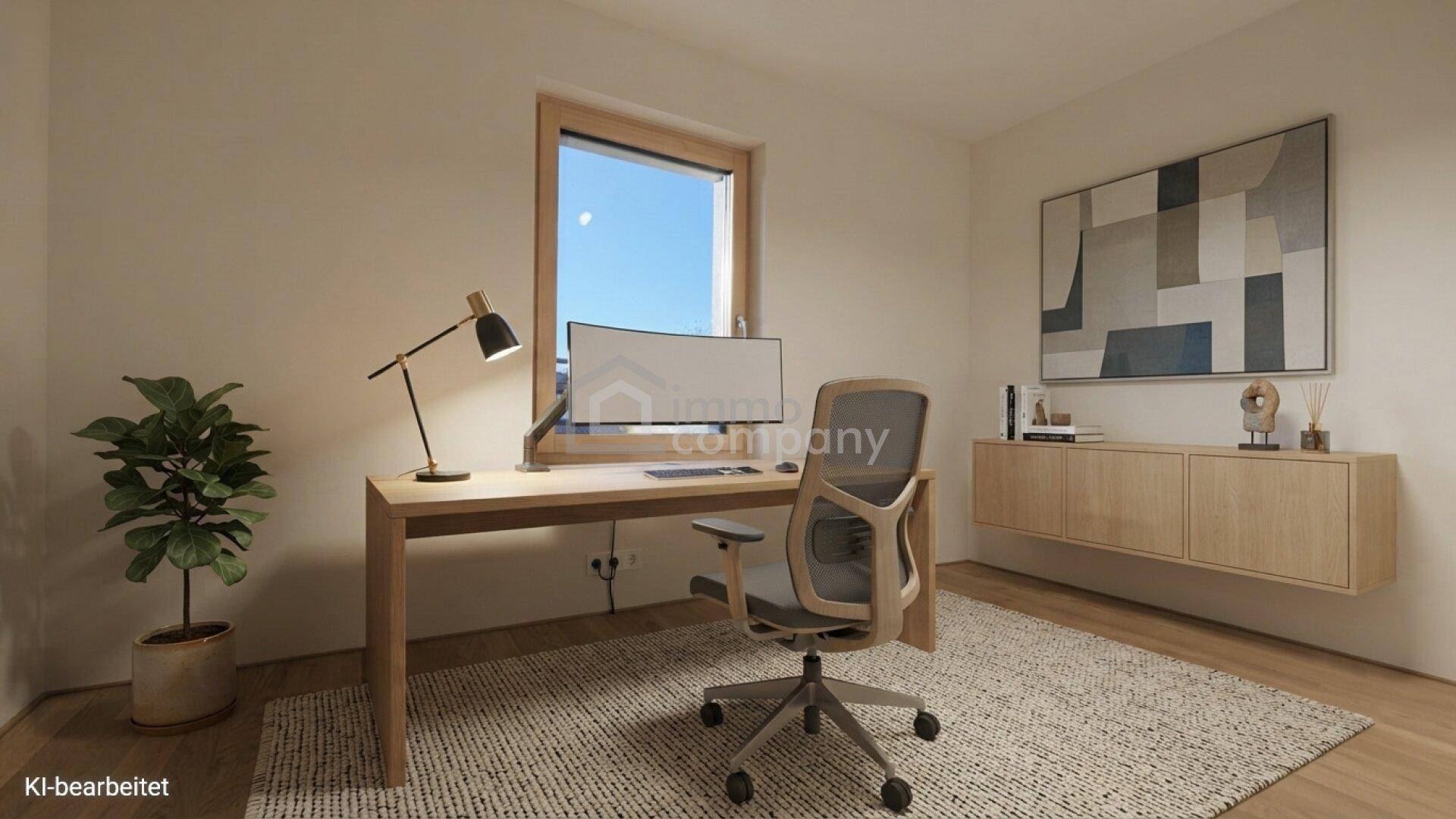 Modern eingerichtetes Arbeitszimmer mit Holzboden, Schreibtisch und großem Fenster für Tageslicht.