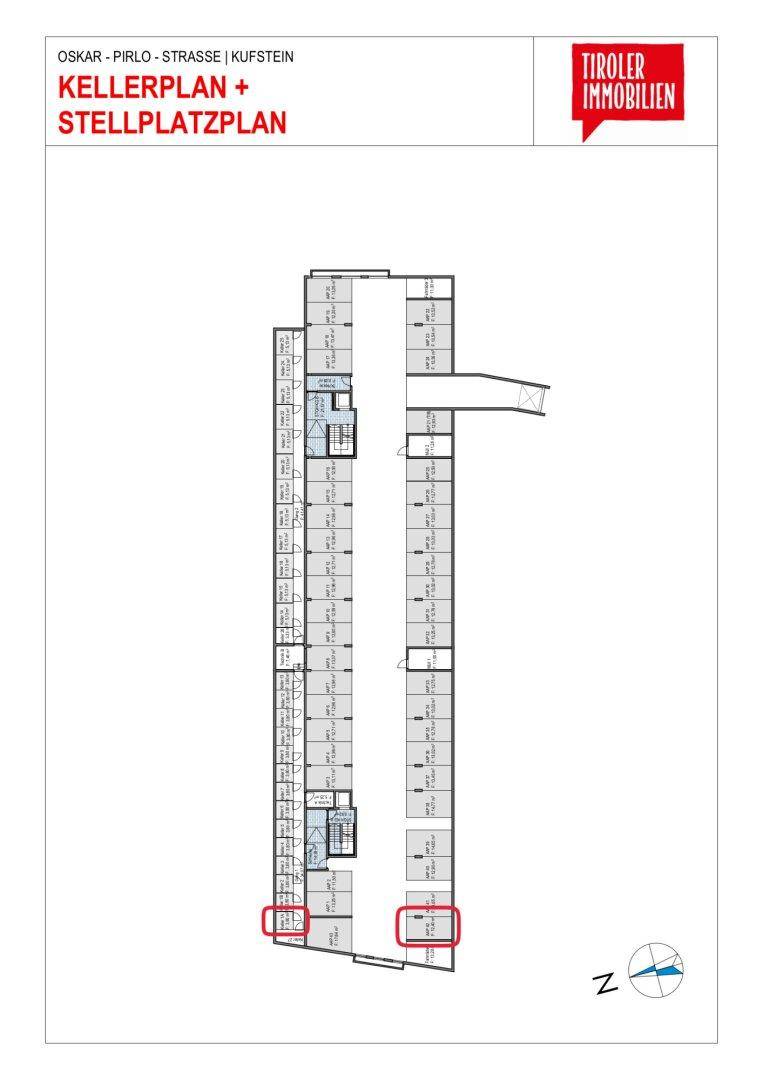 Kellerplan mit Tiefgaragenstellplätzen und zugehörigen Abstellräumen für die Bewohner.