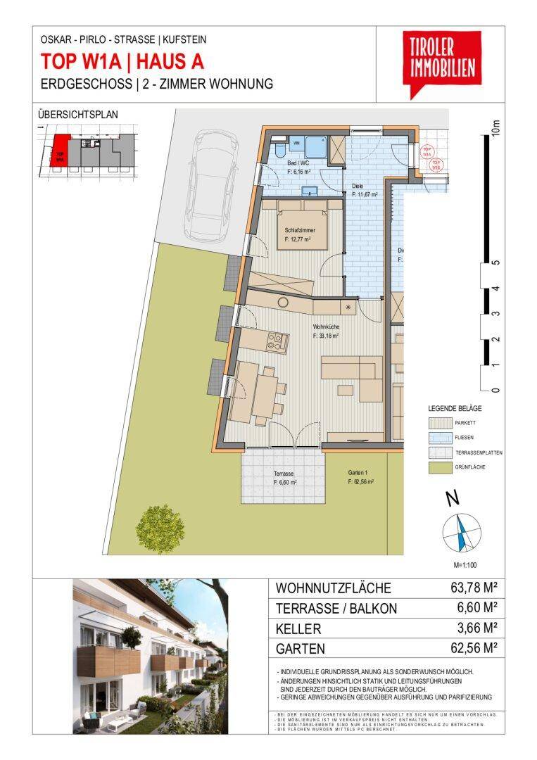 Grundriss der Erdgeschosswohnung mit Terrasse, Garten und einem Schlafzimmer.