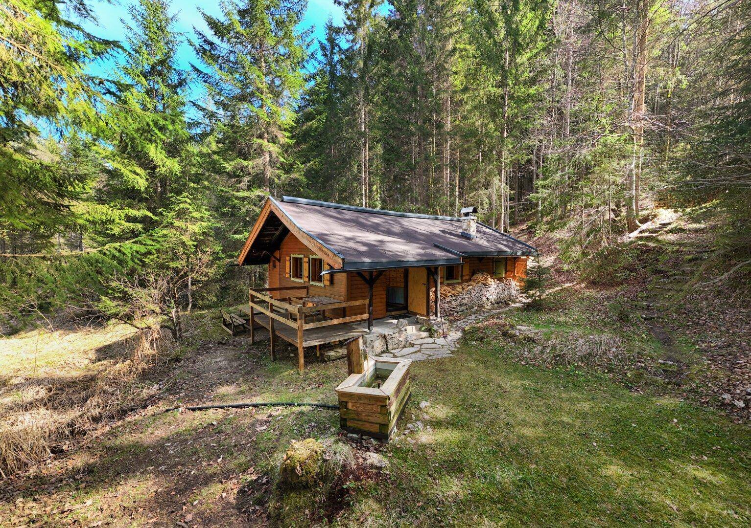 Charmante Holzhütte am Waldrand mit einem traditionellen Holztrog und viel Grün.