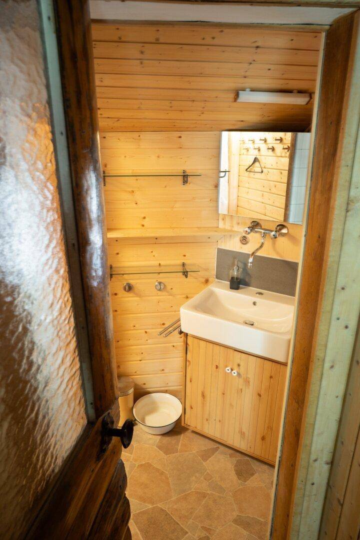 Kleines Badezimmer mit Holzvertäfelung, einem Waschbecken und einem Spiegelschrank.