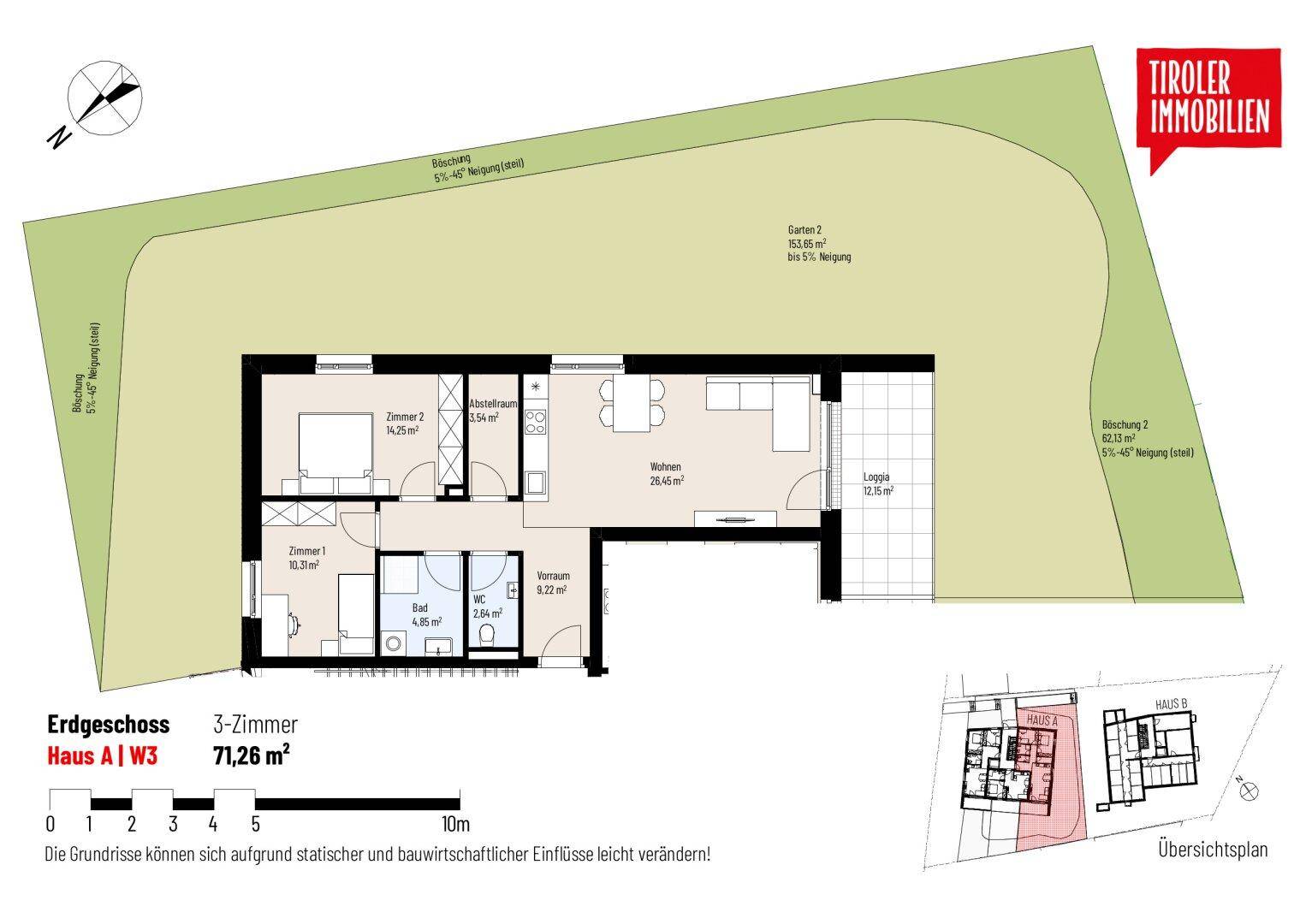 Grundriss einer 3-Zimmer-Wohnung im Erdgeschoss mit Garten und Loggia.
