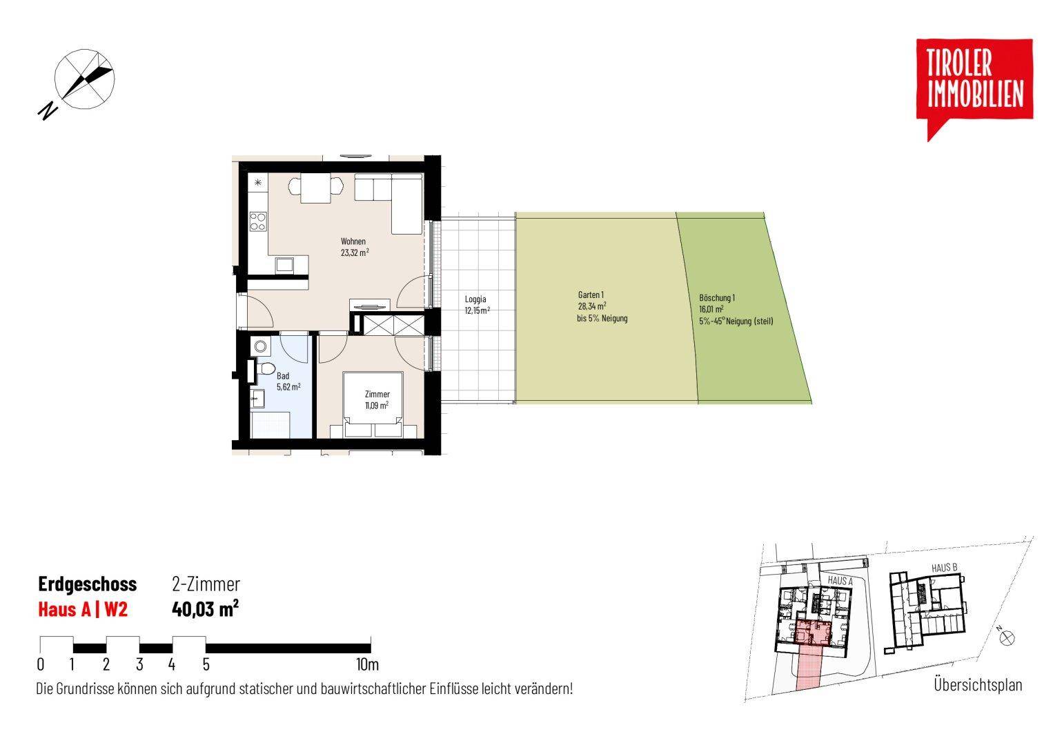 Grundriss einer 2-Zimmer-Erdgeschosswohnung mit Wohnzimmer, Schlafzimmer, Bad, Loggia und Garten.