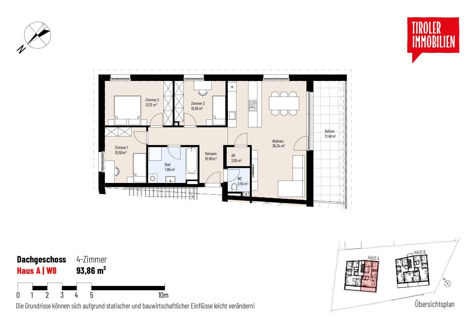 Grundriss des Dachgeschosses von Haus A mit drei Zimmern, Bad und Balkon.