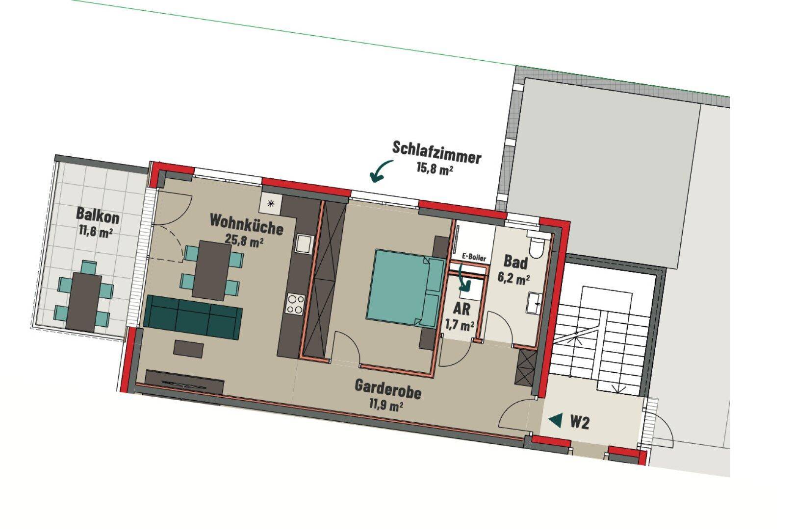 Grundriss der Wohnung W2 mit Wohnküche, Schlafzimmer, Bad, Garderobe und großem Balkon.