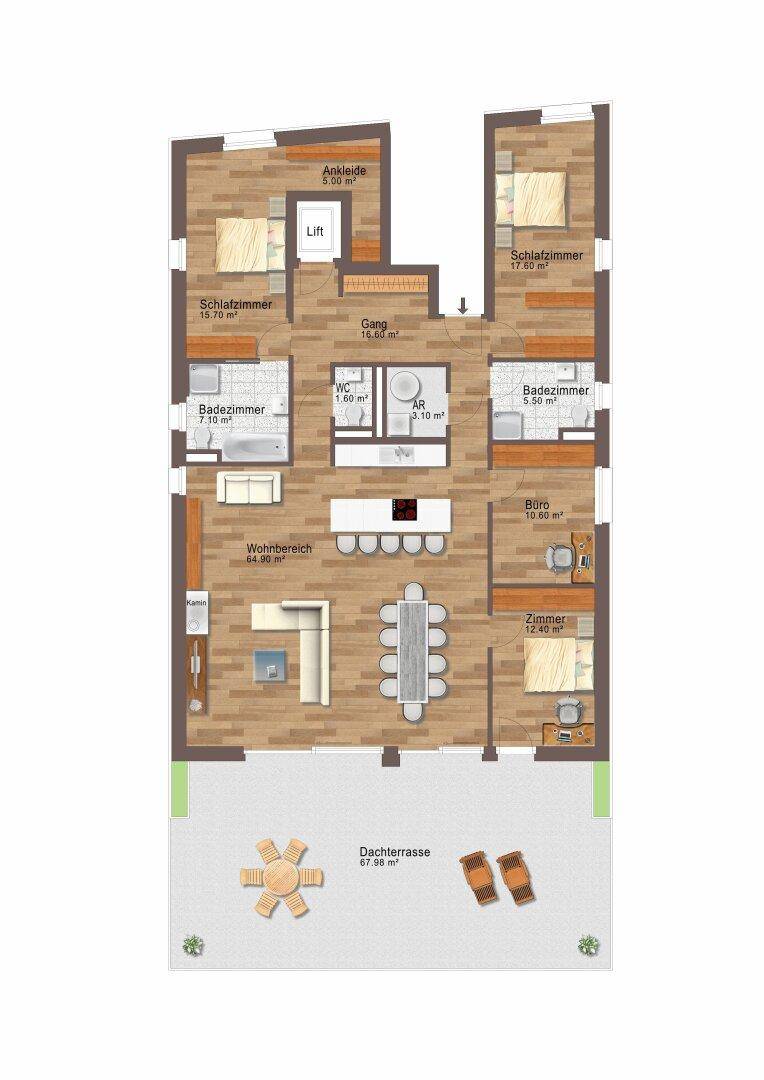 Detaillierter Grundriss mit mehreren Zimmern, zwei Bädern, Ankleide und großer Dachterrasse.