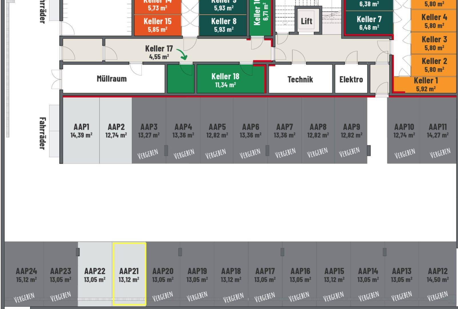 Grundrissplan des Untergeschosses mit Kellerabteilen, Fahrradraum und Tiefgaragenstellplätzen.