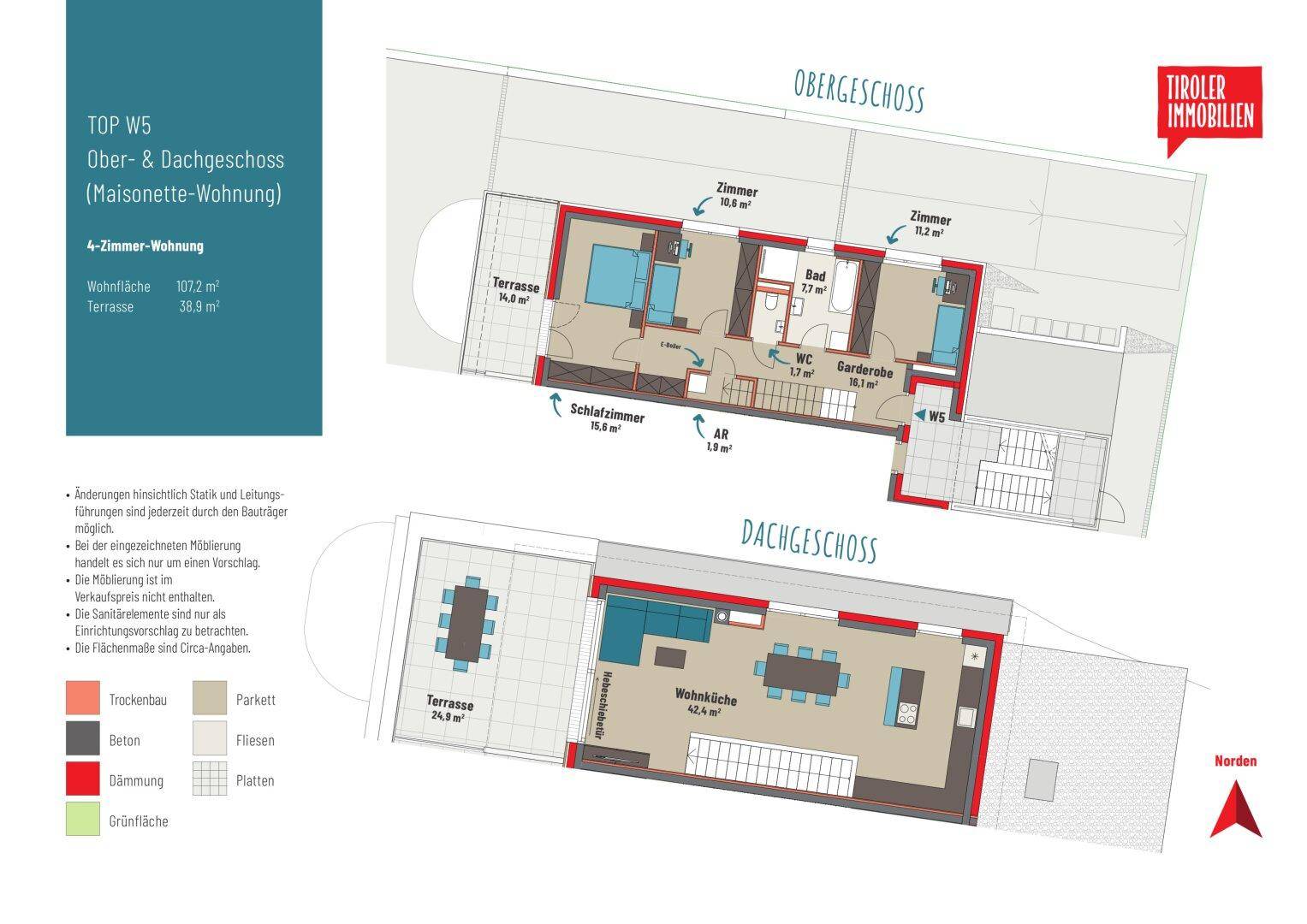 Detaillierter Grundriss einer Maisonette-Wohnung mit Ober- und Dachgeschoss, inklusive Terrassen.