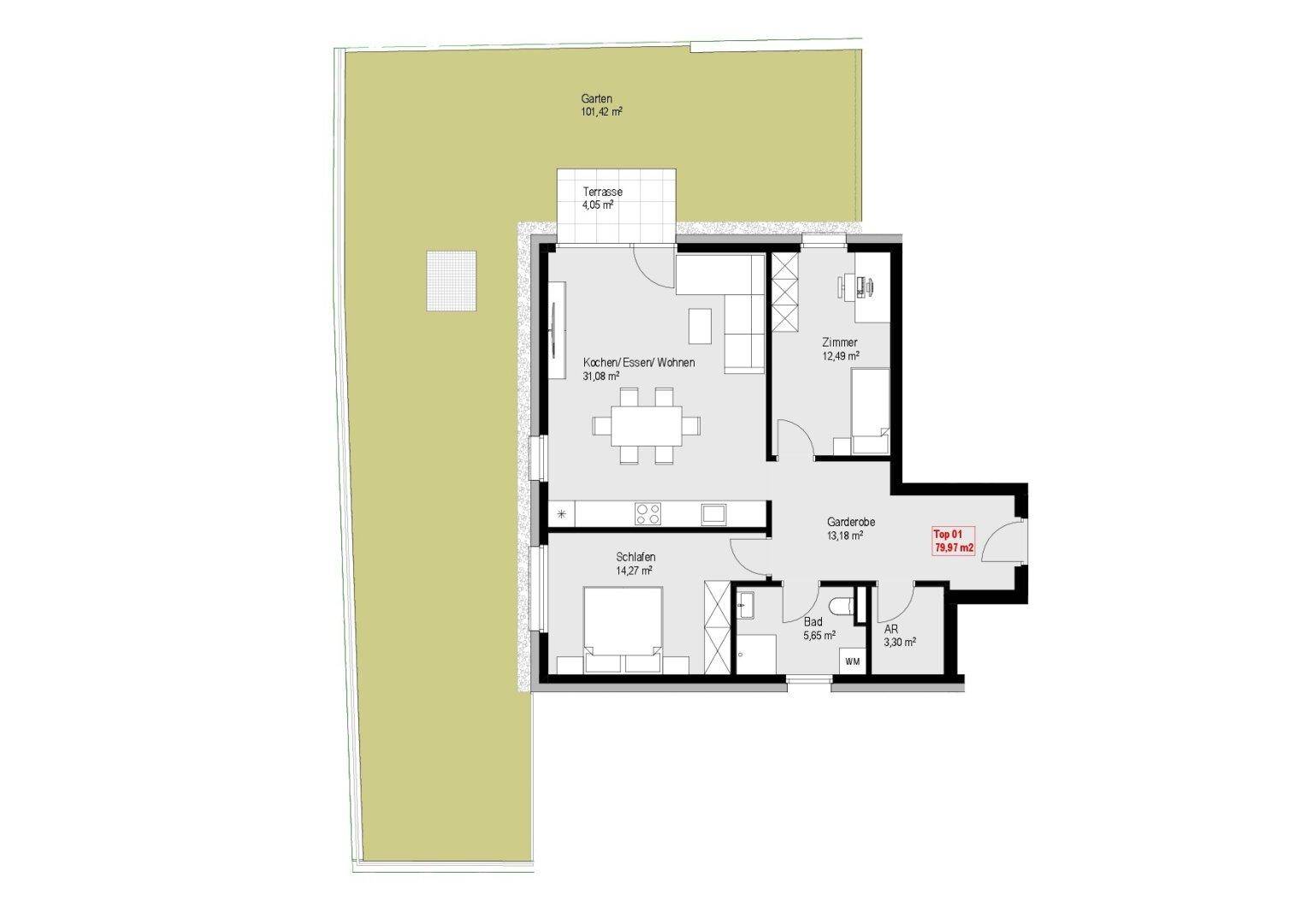 Grundriss einer Wohnung mit offenem Wohn-Essbereich, zwei Schlafzimmern, Bad, Abstellraum und großer Terrasse mit Garten.