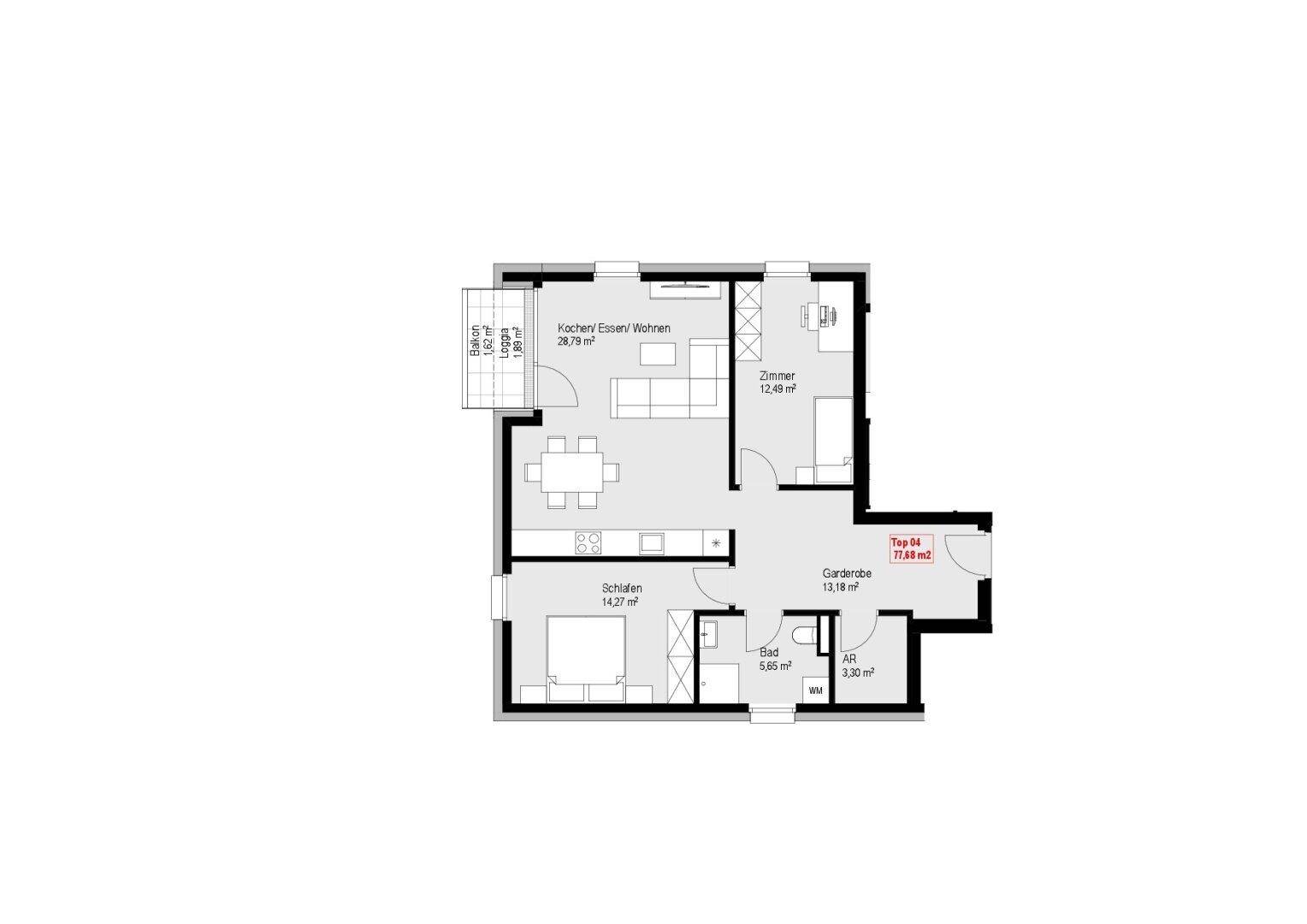 Grundriss einer Wohnung mit offenem Wohnbereich, Schlafzimmer, Bad und Balkon/Loggia.