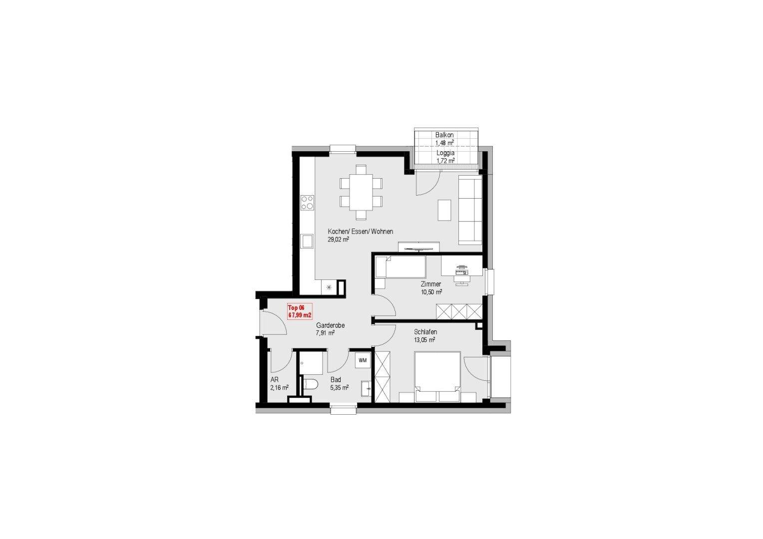 Grundriss einer Wohnung mit offenem Wohnbereich, Schlafzimmer, Bad und Balkon.