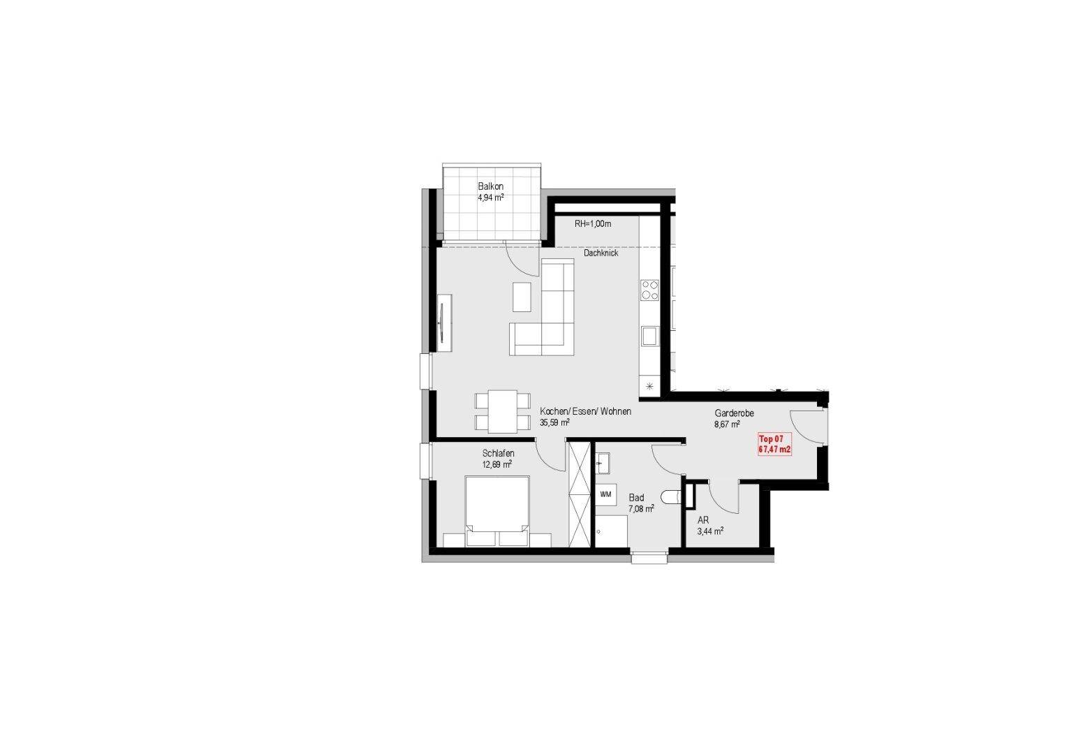 Grundriss einer Wohnung mit offenem Wohnbereich, Schlafzimmer, Bad und Balkon.