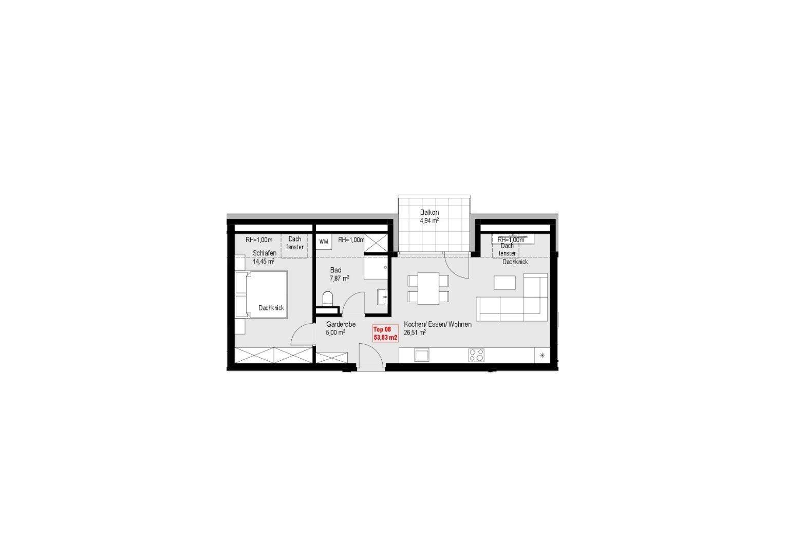 Grundriss einer Dachgeschosswohnung mit offenem Wohnbereich, Schlafzimmer, Bad und Balkonzugang.