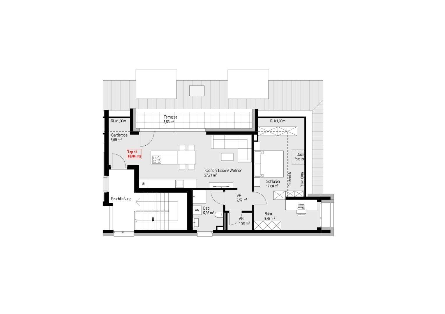 Grundriss einer Wohnung mit offener Küche, Wohnbereich, Schlafzimmer und Terrasse.