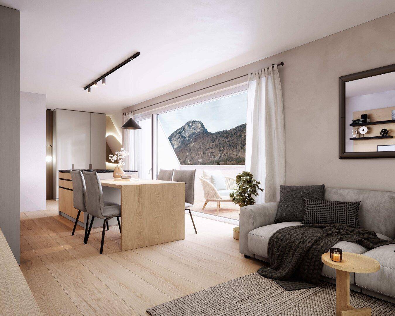 Heller Wohn-Essbereich mit offener Küche, Holzboden und großem Fenster mit Bergblick.