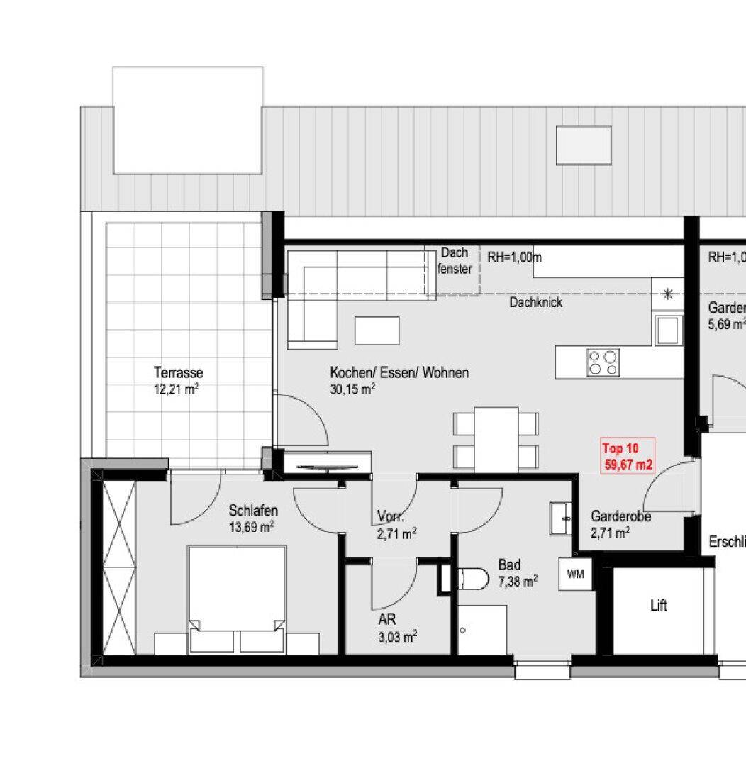 Grundriss einer Dachgeschosswohnung mit offenem Wohnbereich, Schlafzimmer, Bad, Terrasse und Dachfenstern.
