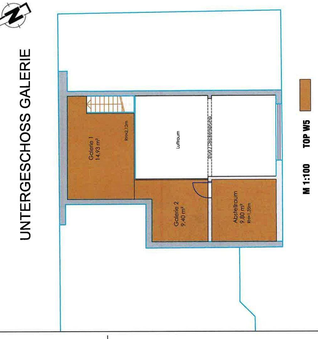 Grundriss des Untergeschosses mit Galeriebereichen und Abstellraum.