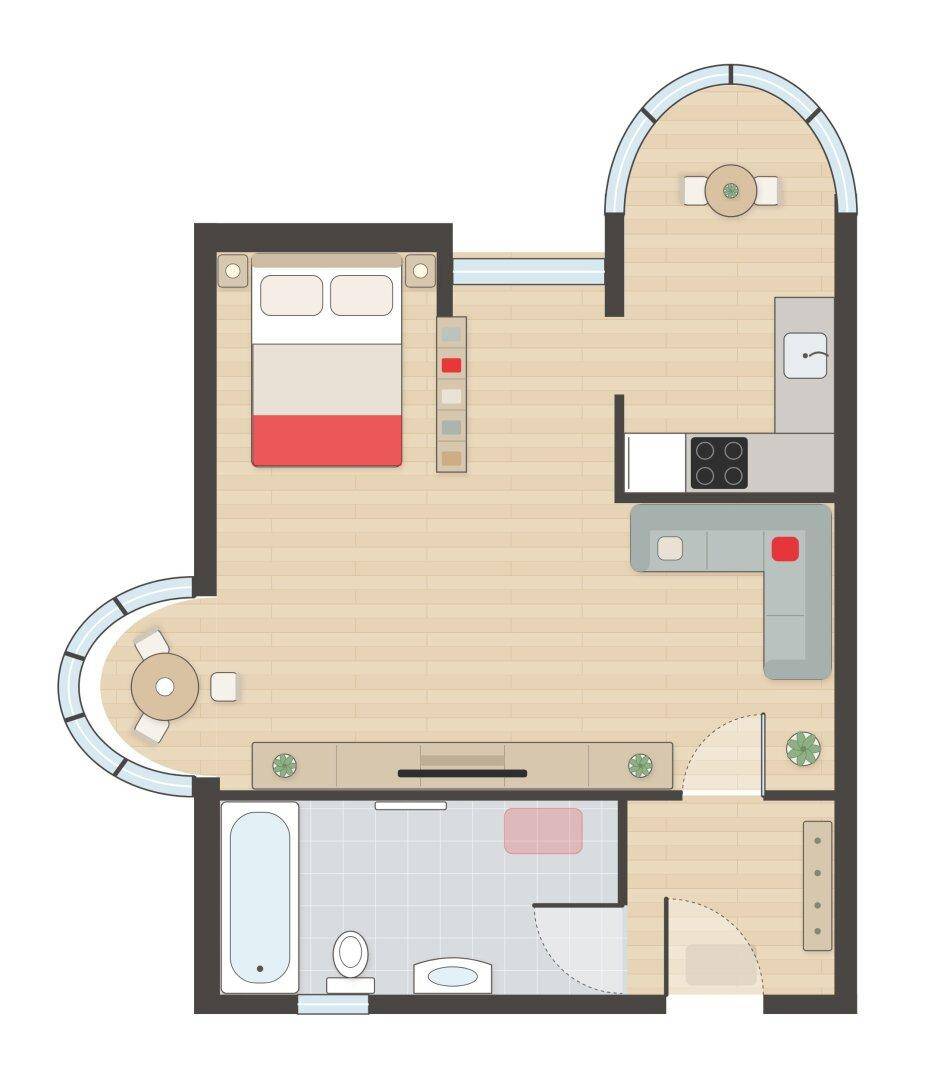 Detaillierter Grundriss einer Wohnung mit Schlafzimmer, Wohnbereich, Küche und Bad.
