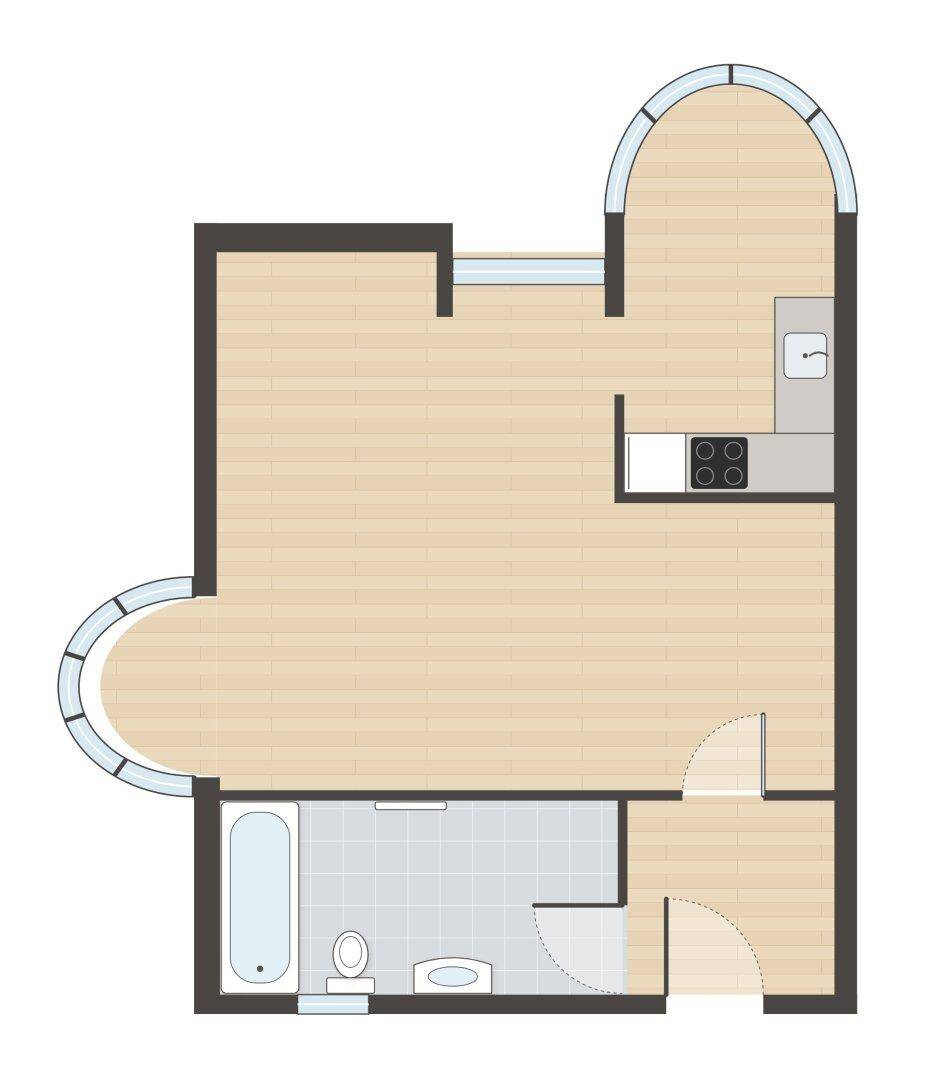 Grundriss einer Wohnung mit Schlafzimmer, Bad und offenem Wohn- und Küchenbereich.