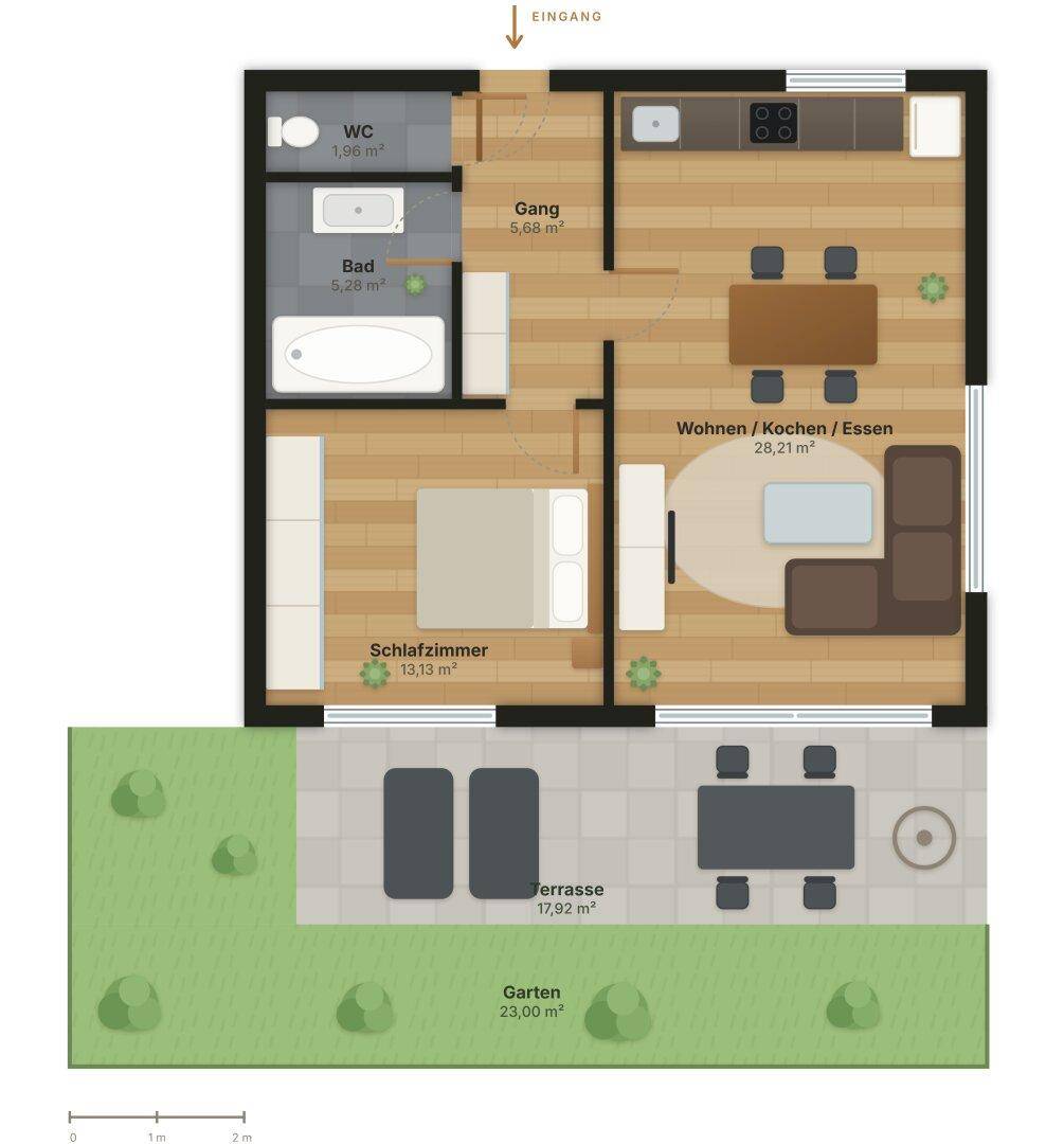 Detaillierter Grundriss einer Wohnung mit Wohn-, Koch- und Essbereich sowie Terrasse und Garten.