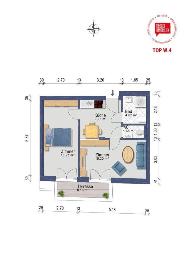 Grundriss einer Wohnung mit zwei Zimmern, Küche, Bad, WC und Terrasse.
