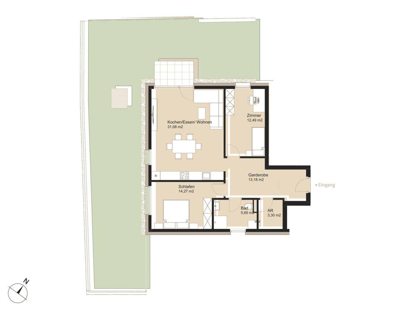 Grundriss einer Wohneinheit mit offenem Wohnbereich, Schlafzimmer und Zugang zu einer Terrasse.
