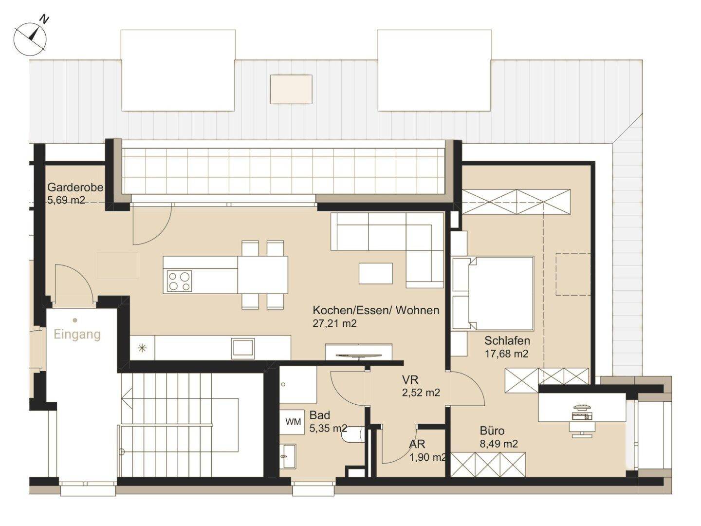 Grundriss einer Wohnung mit offenem Wohnbereich, Schlafzimmer, Bad, Büro und Balkonzugang.