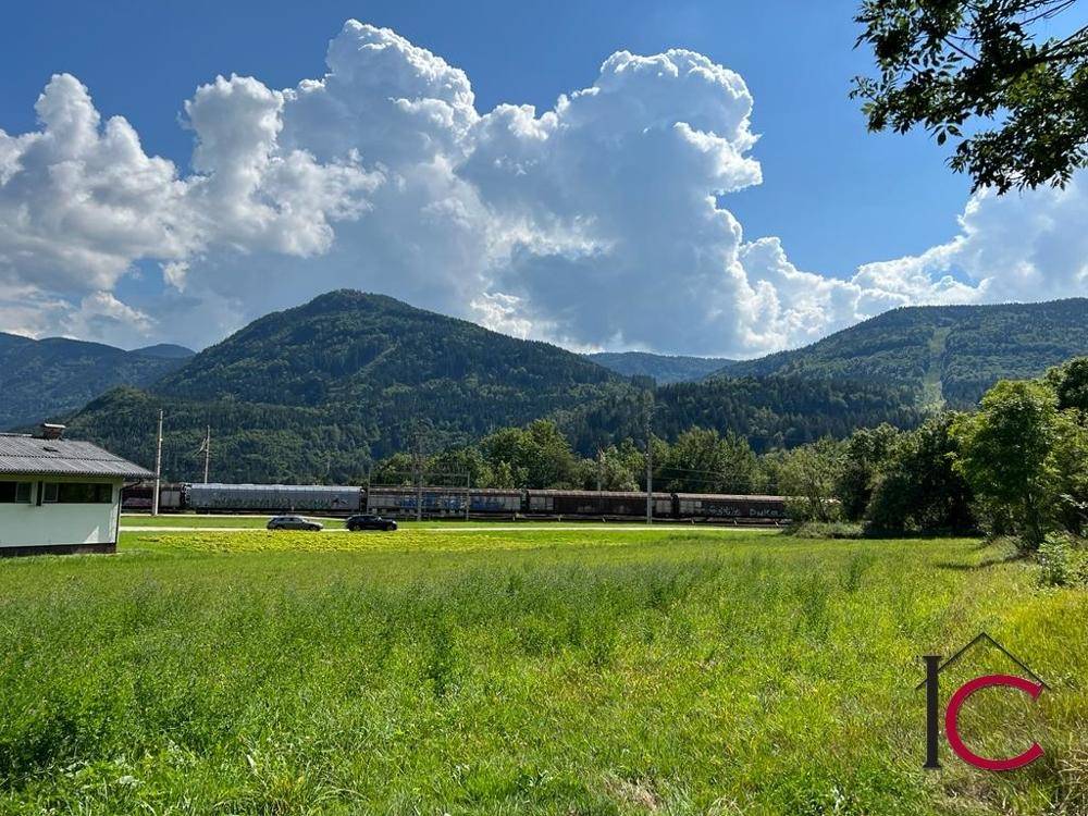 Weitläufige grüne Wiese mit Bergen im Hintergrund und einem Zug, der vorbeifährt.