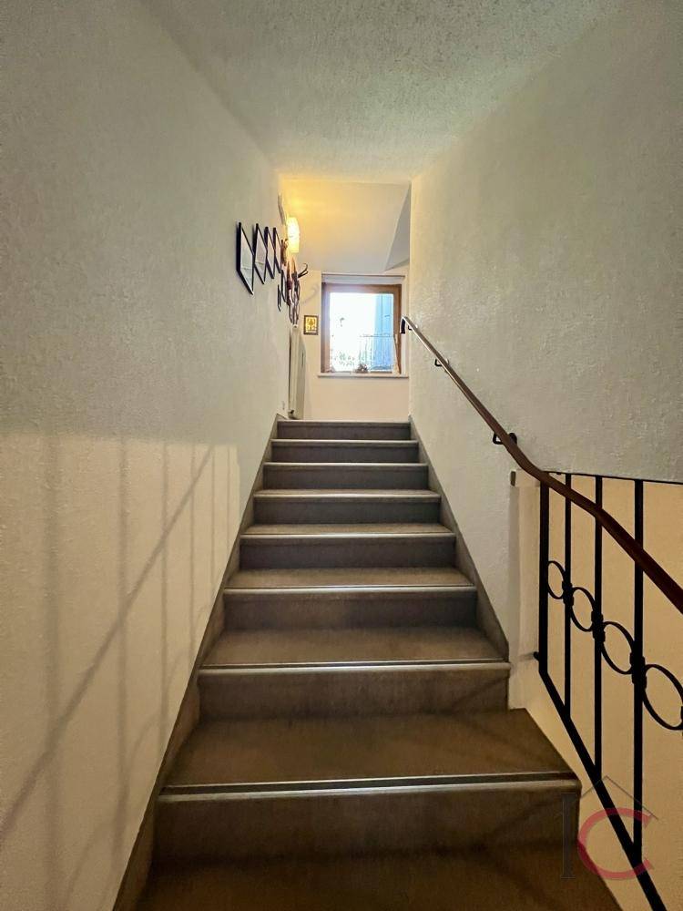 Treppenhaus mit Teppichstufen und einem Fenster, das für natürliches Licht sorgt.