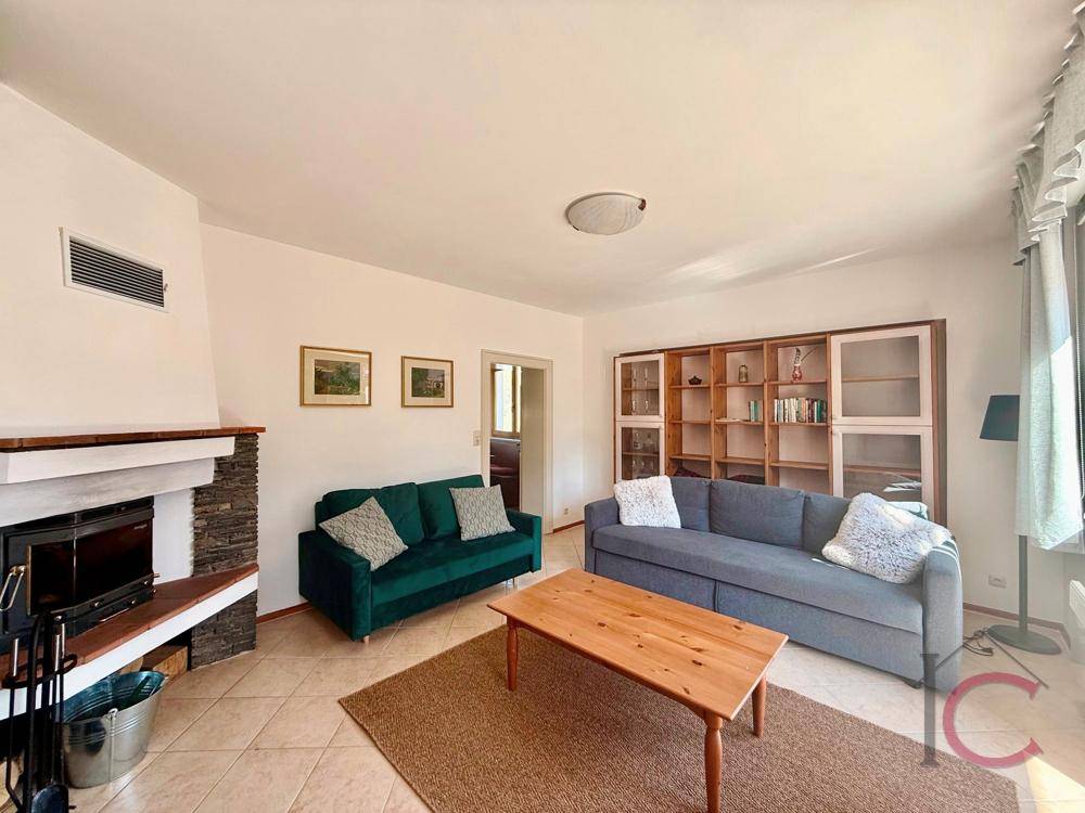 Geräumiges Wohnzimmer mit Kamin, Bücherregal und zwei Sofas in gemütlicher Atmosphäre.
