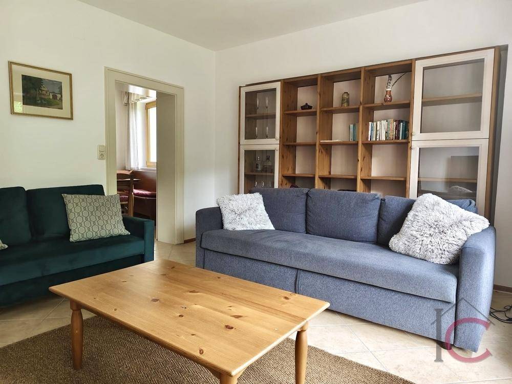 Gemütliches Wohnzimmer mit Bücherregal, bequemen Sofas und einem Holztisch in der Mitte.