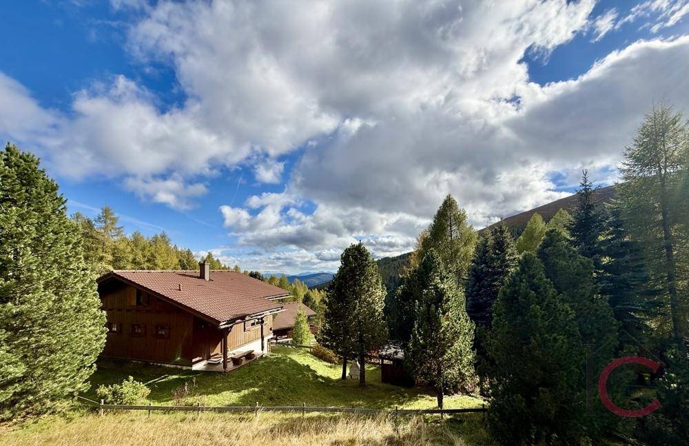 Alpines Holzhaus eingebettet in eine grüne Landschaft mit Nadelbäumen und weitem Blick.