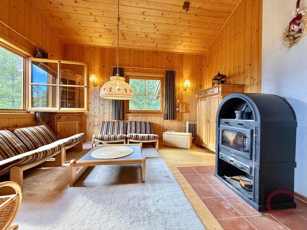 Gemütliches Wohnzimmer mit Holzvertäfelung, Kaminofen und bequemen Sitzgelegenheiten.