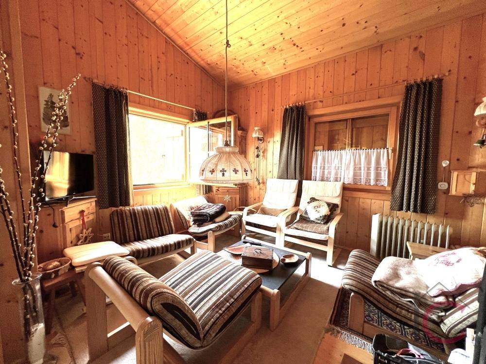 Gemütliches Wohnzimmer im alpinen Stil mit Holzvertäfelung und bequemen Sitzmöbeln.
