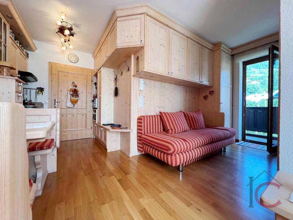 Kombinierter Wohn- und Essbereich mit Holzeinrichtung, rotem Sofa und Zugang zum Außenbereich.